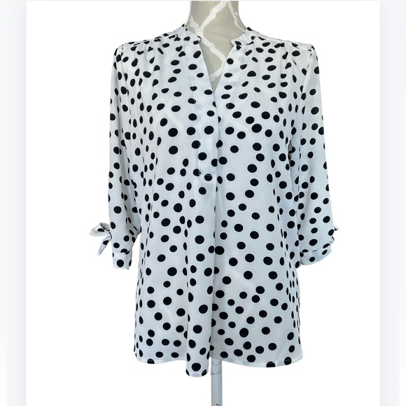 Mandy Evans Tops - Mandy Evans White Black Polka Dot 3/4 Sleeve V-Neck Blouse Size Large